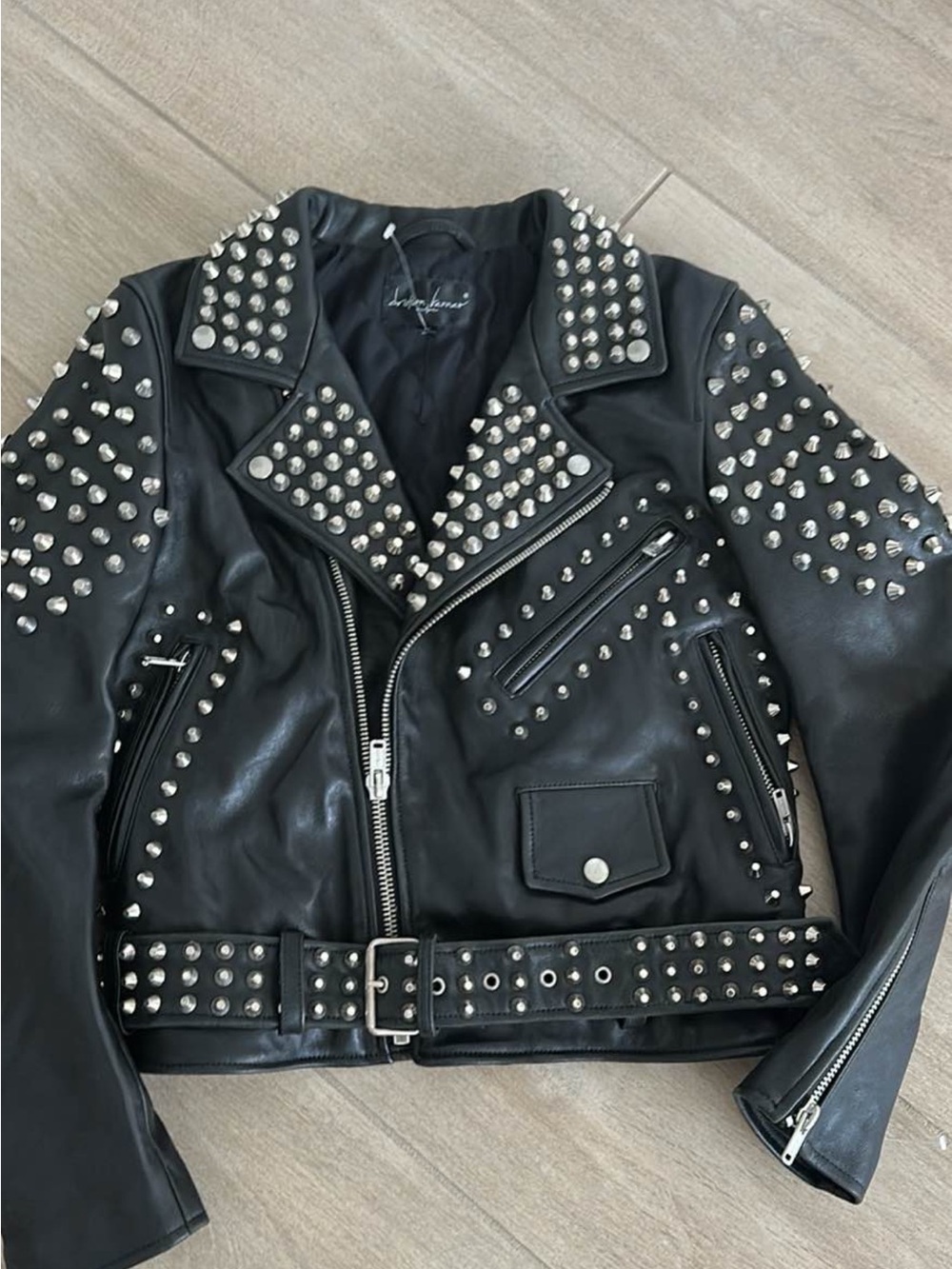 Black Studded Leather Moto Jacket with Belt